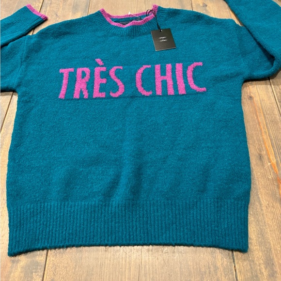 NWT Code X Mode Women’s Long Sleeve “Très Chic” Green Fuschia Trim Sweater Sz: S - Picture 2 of 10